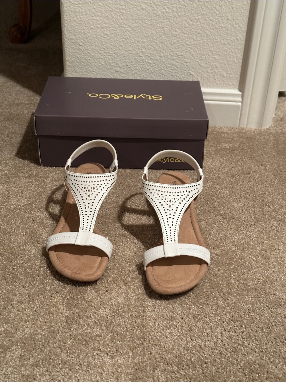 Style & Co. White Perforated T-Strap Sandals
